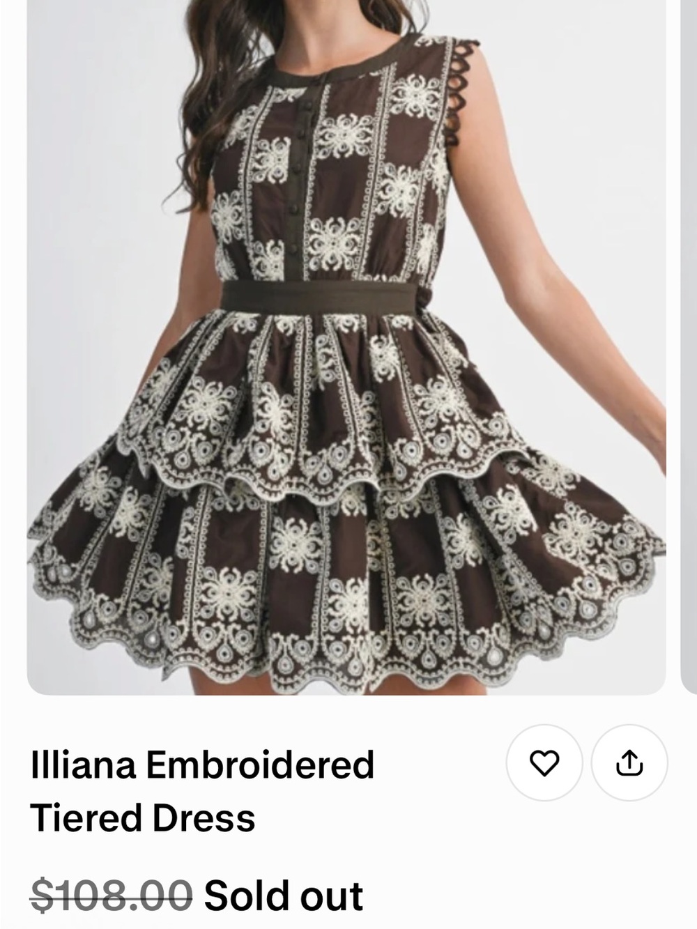 Embroidered Tiered Mini Dress - Brown with Ivory Lace